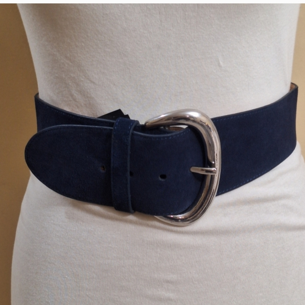 Club Monaco Navy Suede Belt with Silver Buckle